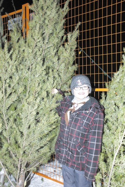 Cub Scout Ethan Bowman, nine, proudly shows off one of the many trees offered for sale by Cochrane First Scouting.