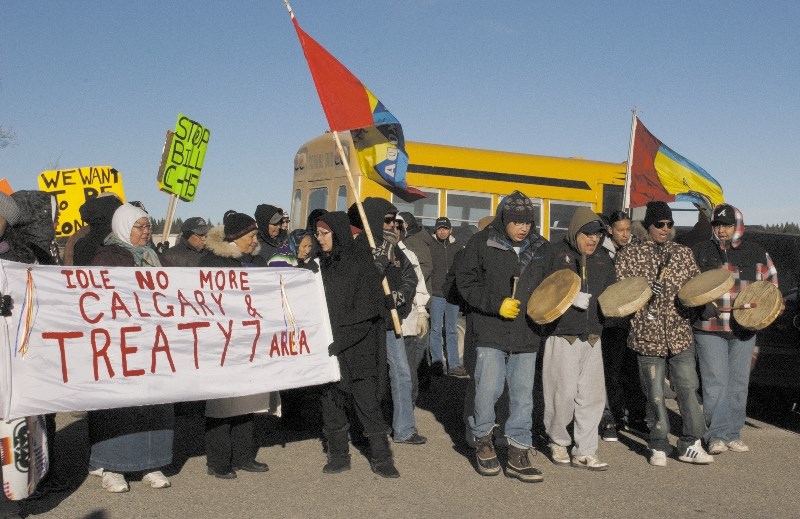 Members of the Stoney Nakoda First Nation held a peaceful march on Dec. 16 to protest Bill C-45.