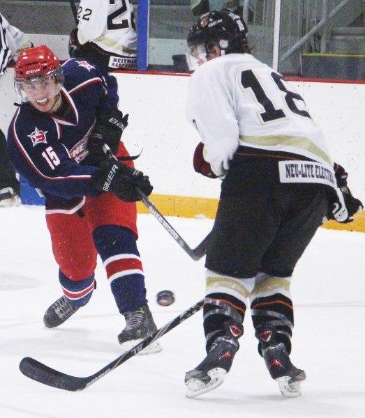 Generals forward Patrick Dove fires a shot at the net as Copperheads&#8217; Danton Shigemi moves in to block it. The Generals defeated Coaldale 6-4 after dropping a 6-3