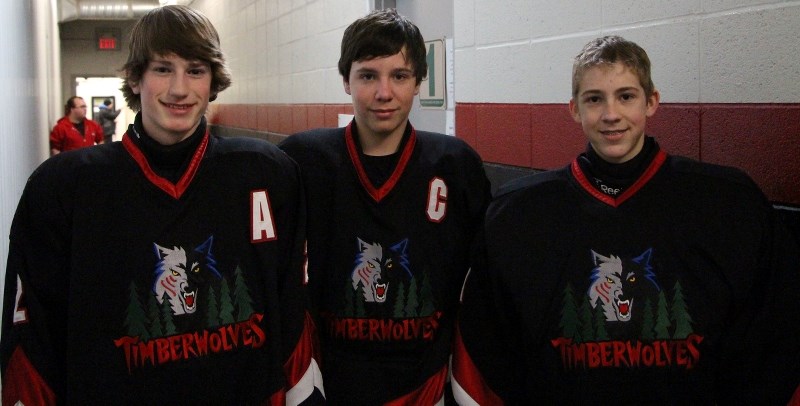 Bow Valley Timberwolves (from left) defenceman Devon Latchuk, forward Kyle Gordon and goalie Jackson Bader have all been selected to attend the South Central Alberta Hockey