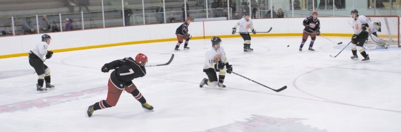 Cochrane Generals defenceman Craig Packard fires a shot towards the goal in Heritage Junior Hockey League play against the Coaldale Copperheads Feb. 10 at Spray Lake Sawmills 