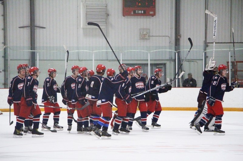 Cochrane Generals salute the fans following their season-ending, 6-3 Heritage Junior Hockey League win over the Strathmore Wheatland Kings Feb. 15 at Spray Lake Sawmills
