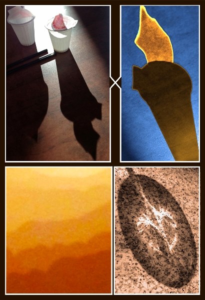 Of light and shadow, clockwise from top left: Creamer shadow or Olympic torch? Crystal goblet or fleur de lis? Shirt sleeve or hazy foothills sunset?