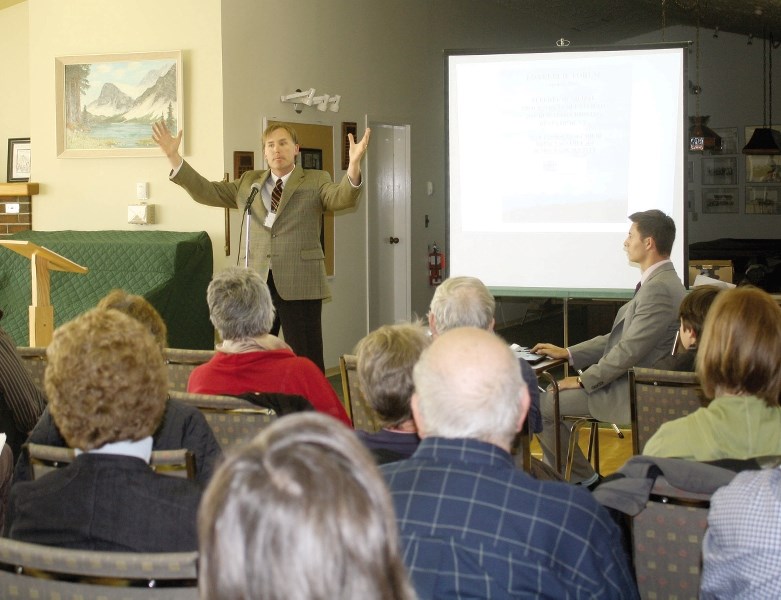 Stephen Garvey, executive director of the Foundation for Democratic Advancement, speaks at the Springbank Heritage Hall April 22. He said the Alberta Municipal Government Act 