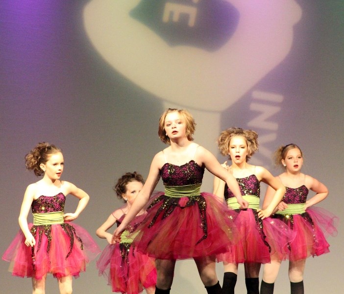 Eurhythmics Dance Studio dancers, from left, Kennedy King, Sawyer Ryan (back), Delaney Weibe, Leanne Hillard and Addi Jansen perform Calling all the Monsters routine at the