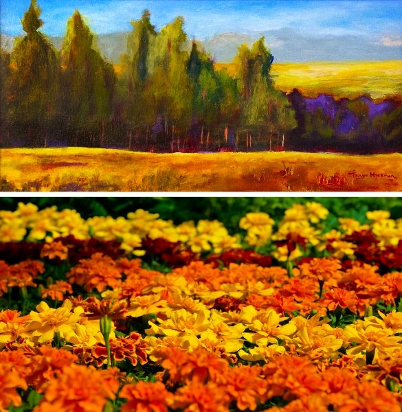 Tanya Hickman&#8217;s “;Fields of Gold,”top, blends layers of autumn greens, yellows, oranges and hints of red echoed, bottom, in flats of marigolds at Anything Grows