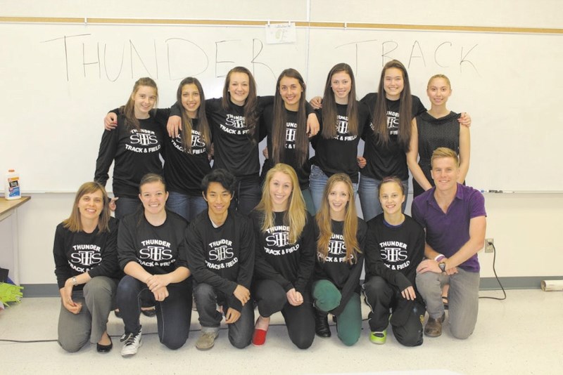 The St. Timothy Thunder track team is headed to the city championships in Calgary June 6. (Back row, from left): Rebecca Netzband, Karen Sanderson, Jessica Brolsma, Kennedy