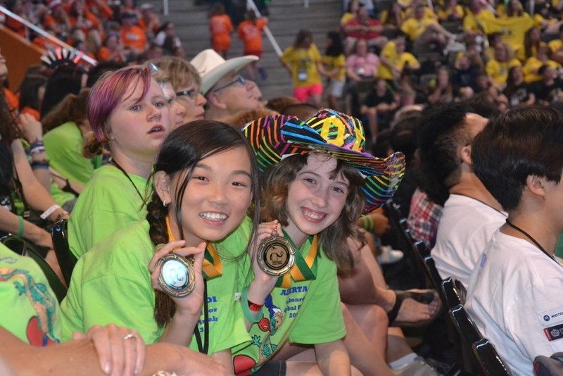 Springbank Middle School students Mikia Whitehead (left) and Megan Berkshire (right) competed against 70 other teams and won first place in an instant challenge during the