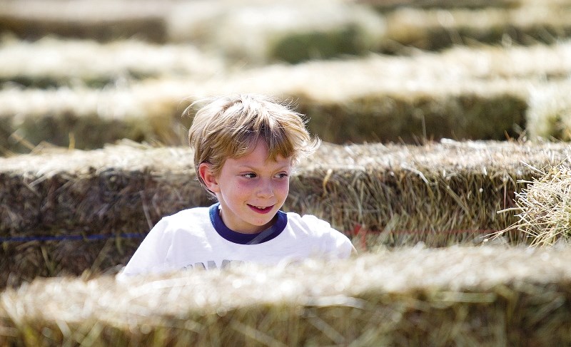 Jackson Santha runs through the hay maze at the 2012 SummerFest at the Cochrane Lions Rodeo Grounds.