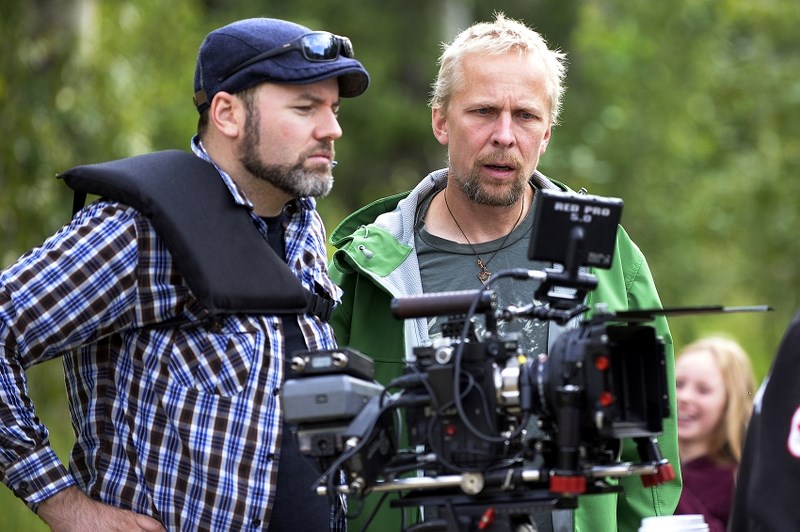 Director/writer/producer Eppo Eerkes, right, and director of photography, Dan Dumouchel, look through a scene in Water Valley July 19.