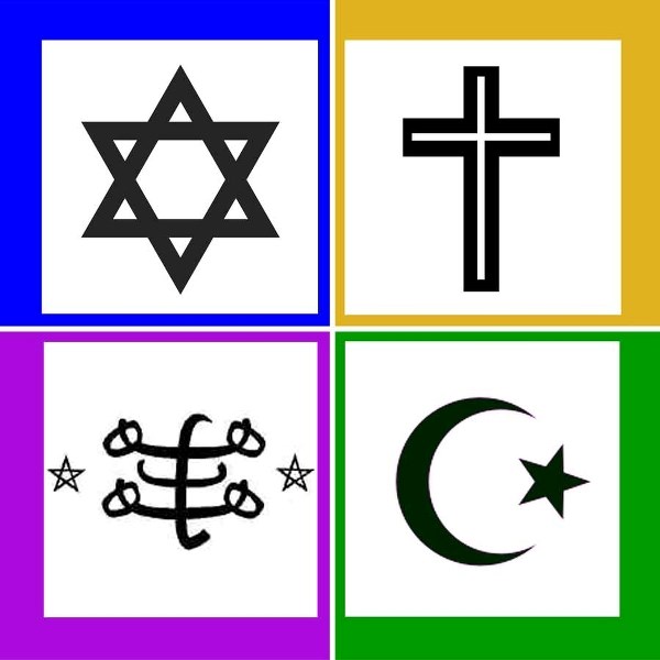 Symbols often associated with the four Abrahamic religions, clockwise from upper left in historical order: the Star of David (Judaism), the cross (Christianity), the crescent 