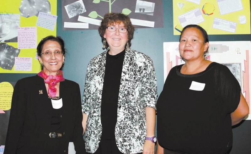 Program consultant Dr. Rashida Keshavjee, Becky Kelly of Bow Valley College and chief operating officer for Wesley First Nations Amanda Goodstoney during the Early Learning