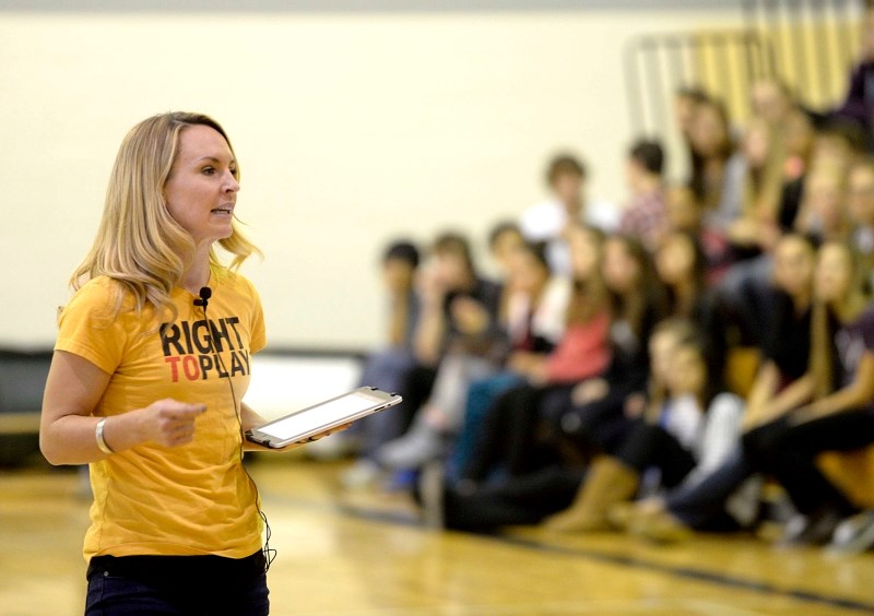 Darla Montgomery, an Olympic skeleton champ working with Right To Play, spoke with students at St. Timothy&#8217;s High School Oct. 21.
