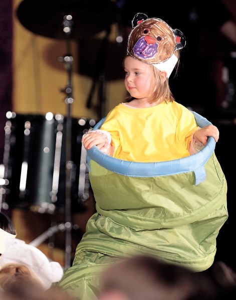 Piper Halliday, a kindergarden student at Glenbow School, performs with Trickster Theatre at Glenbow School Nov. 1.