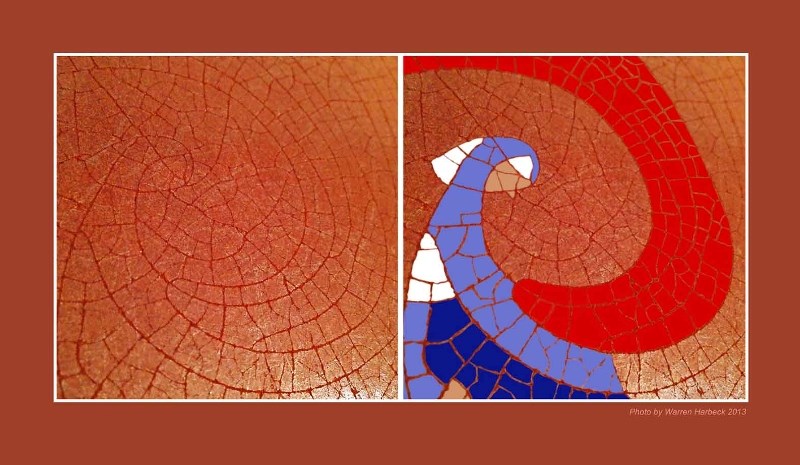 Glazing cracks on dinner plate (left) created mosaic suggestive of the angelic announcement to Mary that she would bear the Son of God.