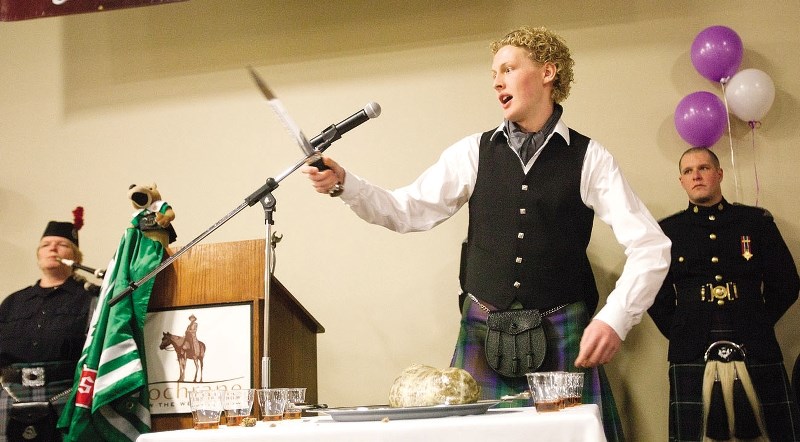 Eric Peach gives the address to the haggis at the annual Robbie Burns night, which will celebrate its 15th year at the Cochrane RancheHouse Jan. 25.