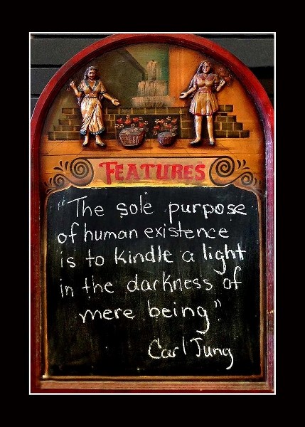 Chalkboard at Bentleys Books in Cochrane featured a quote on the purpose of life according to Carl Jung.