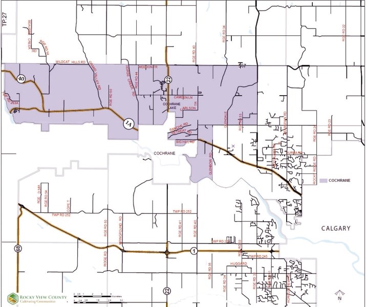Cochrane Fire&#8217;s primary response area includes the town of Cochrane and purple area, while the secondary area is in white.