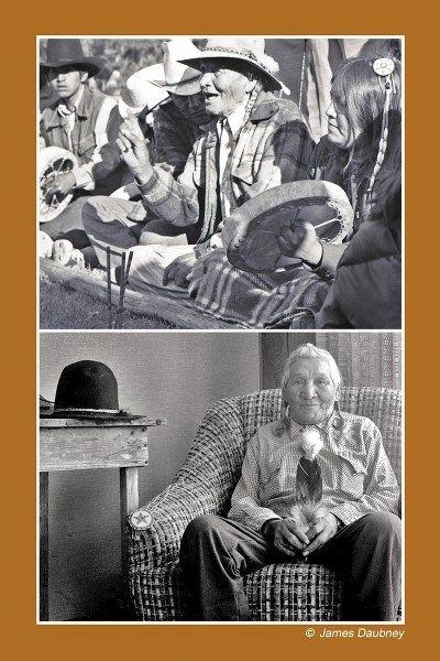 Fun-loving Stoney Nakoda elder Hanson Bearspaw (died 1982) is pictured here, top, participating in hand game at Banff Indian Days, 1975; bottom, relaxing at home in Morley,