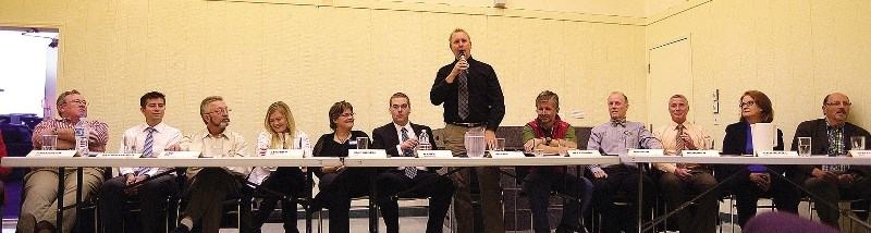 From left: Council candidates Steve Grossick, Jamie Kleinsteuber, Marty Lee, councillors Gaynor Levisky, Tara McFadden, Morgan Nagel, Jeff Toews, candidate Jim Uffelmann,