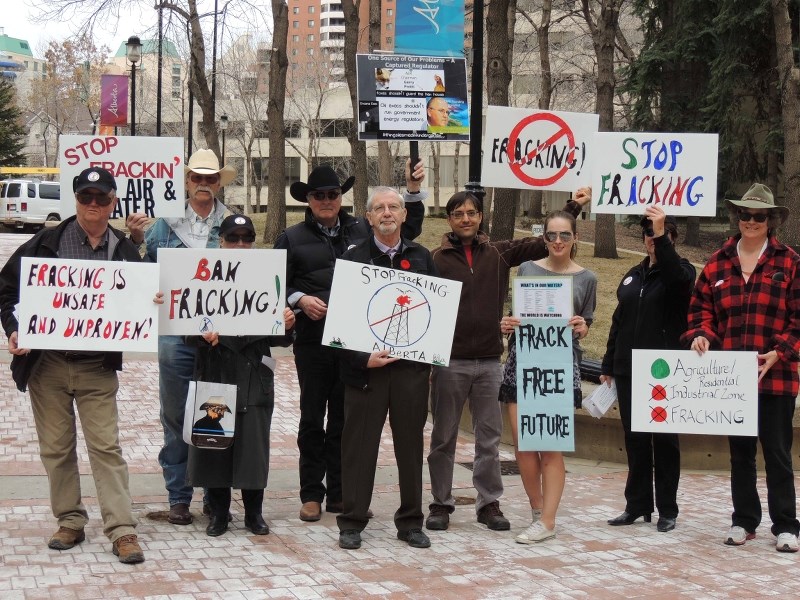Anti-fracking protestors, including some from the Cochrane area, demonstrated their opposition to hydraulic fracturing in Calgary April 22, Earth Day.