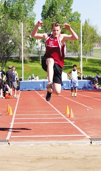 Meanwhile, at the Junior Zone track meet June 3 in Calgary, Cochrane High School&#8217;s Damon Scott throws down a 9.48-metre effort in juvenile boy&#8217;s triple jump.