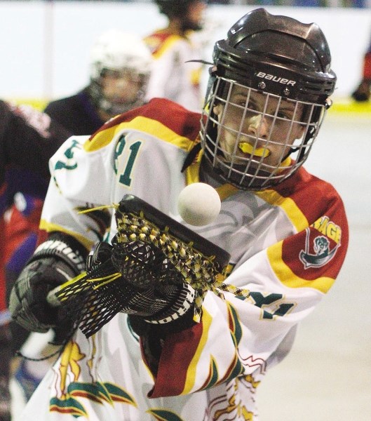 Rockyview Rage&#8217;s Seiver Brederson focuses on the ball against Knights.