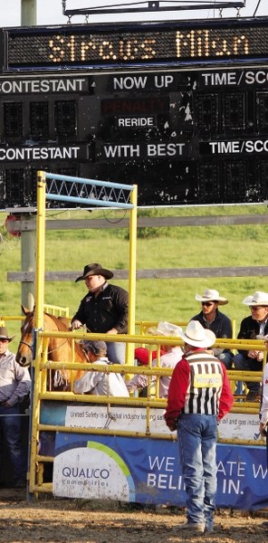 Straws Milan prepares to launch out of the gate at the Airdrie Pro Rodeo on June 30. Milan&#8217;s 5.7-second run wasn&#8217;t in the money, capping a down-low weekend for