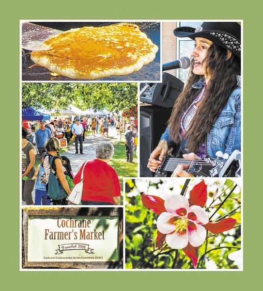 Stampede time in Cochrane, clockwise from top left: Royal LePage Pancake Breakfast featuring music by Kaitee Dal Pra, a welcoming columbine along Linda Benedictson&#8217;s