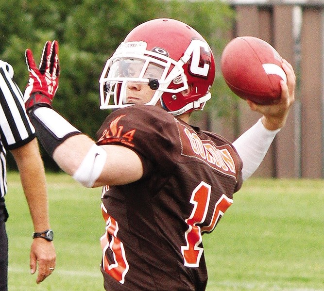 Cochrane High School Cobras Grade 10 quarterback Tae Gordon throws a dart in Zone 2 (Big Country) football action against Zone 7 (North East) at the Alberta Summer Games on