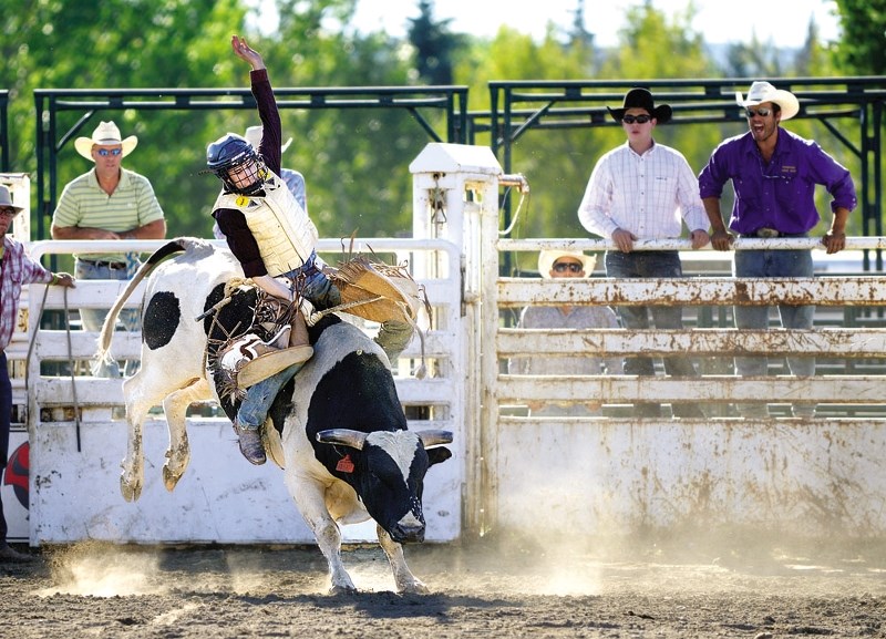 Karson Collins of Cochrane competing in bullriding to finish off day two of last year&#8217;s Labour Day Rodeo.