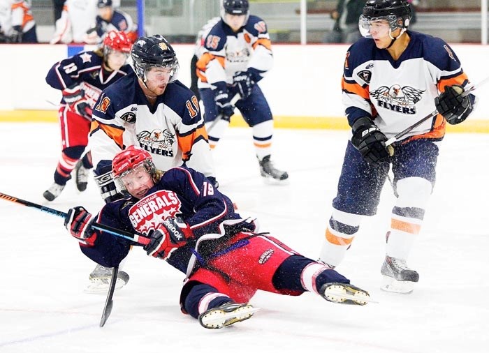 Cochrane Generals forward Talus Hume is sent to the ice by High River Flyers defenceman Cole Miller in the Gens&#8217; Sept. 27 home-opener at Spray Lake Sawmills Family