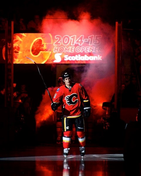 Cochrane&#8217;s Mason Raymond hits the ice in his inaugural home-town introduction to the C of Red at Scotiabank Saddledome.