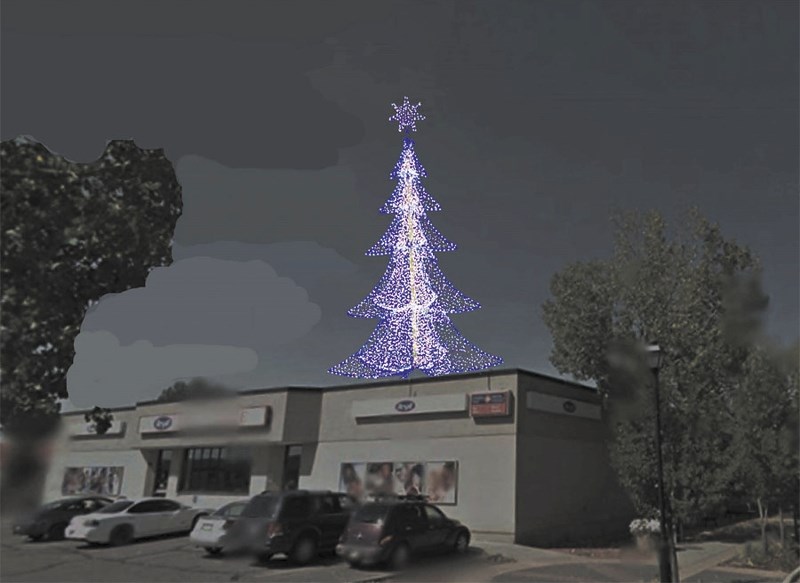 A depiction of what the tree will look like on top of Rexal Drug Store.