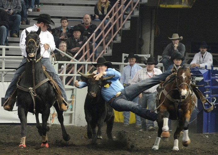Cochrane&#8217;s Tanner Milan reaches for a steer as older-brother Baillie hazes for him at the Canadian Finals Rodeo matinee performance Nov. 8 at Edmonton&#8217;s