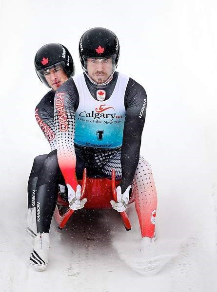 Cochrane&#8217;s Tristan Walker (front) and Calgary&#8217;s Justin Snith put on the brakes after winning the Canadian doubles luge championship Nov. 9 at Canada Olympic Park