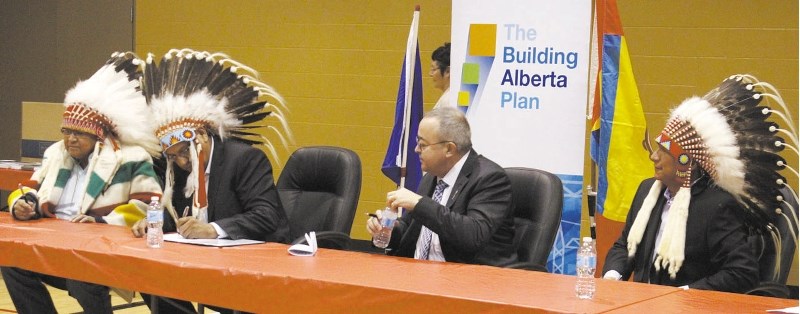 From left: Chiefs Ernest Wesley of the Wesley First Nation, Bruce Labelle of the Chiniki First Nation, the Honourable Frank Oberle and Chief Darcy Dickson of the Bearspaw