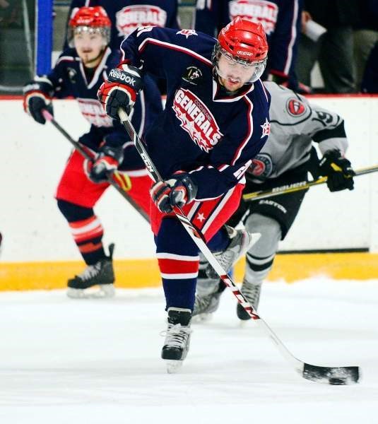 Cochrane Generals new forward Chad Harrison fires the puck in Heritage League play Dec. 5 against Red Deer. Harrison scored five goals and two assists in his first two games