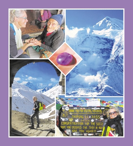 Clockwise from upper right: 7,937 m Annapurna 2; Marie-Linda Plante at top of the trail; sacred grandeur; 90-year-old woman welcomes Marie-Linda; (inset) amethyst from