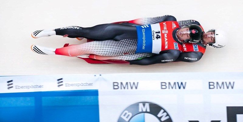Cochrane&#8217;s Tristan Walker and Calgary teammate Justin Snith bomb down the track en route to World Cup luge doubles bronze Dec. 12 in Calgary.