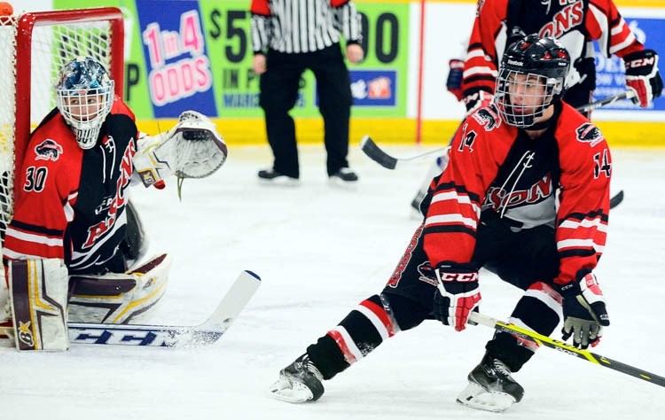 UFA Bisons forward Kyle Gordon of Cochrane (above right) guards the space in front of goalie Cody Campbell of Dewinton in Mac&#8217;s Major Midget AAA Hockey Tournament male