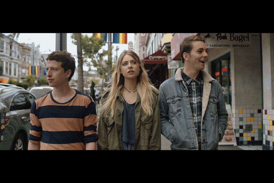 Chris Ball, left, Maddie Phillips, and Rory J. Saper film a scene for Summerland (2020). Photo submitted.