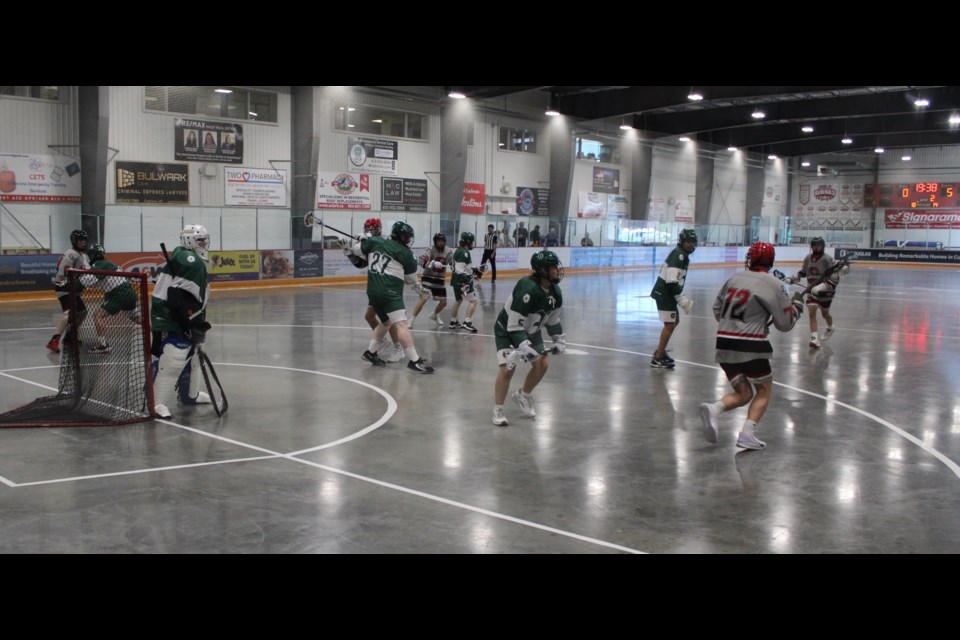 The Rockyview Rage (green) hosted the Strathmore Venom (grey) at the SLS Centre on July 12 for the final weekend of the RMLL regular season.