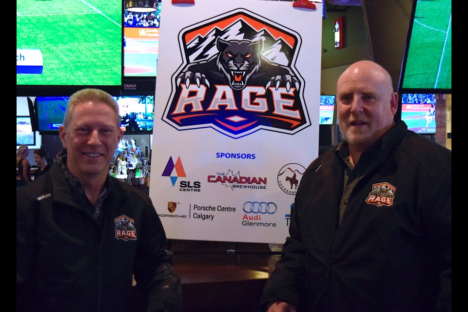 Leigh Sauer, left, and Chris Kelly, right, were announced as the inaugural coaches for the Rage at a team event at Canadian Brewhouse in Cochrane on May 3. 