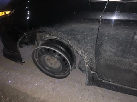 An impaired driver travelling along Highway 1 was unaware his vehicle was missing a tire. Photo courtesty RCMP Alberta Twitter.