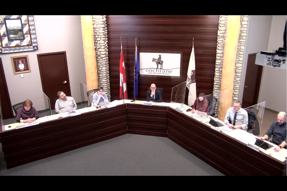 Cochrane town council meets in chambers Dec. 6 during a committee of the whole meeting for a final review of the 2022-2024 budget before returning for a vote in a regular meeting next week. (Screenshot)