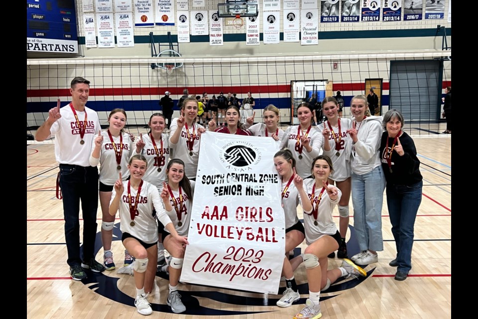 The Cochrane Cobras Senior Girls Varsity Volleyball won 3A Zones in Strathmore this past weekend.

(Left Front: Taryn Sieben/Emmy Sarich/Ava Cathcart/Madison Abougoush)
(Left Back: Mike Sieben Coach/Cassia Ebbinghoff/Taryn Morris/Quinn Peach/Rory Bell/Brooke Keay/Jordyn Derricott/Gracie Moffet/Reina Voegtlin A. Coach/Stephanie Bennett Staff Sponsor) (Missing: Esther Sieben Head Coach). 
