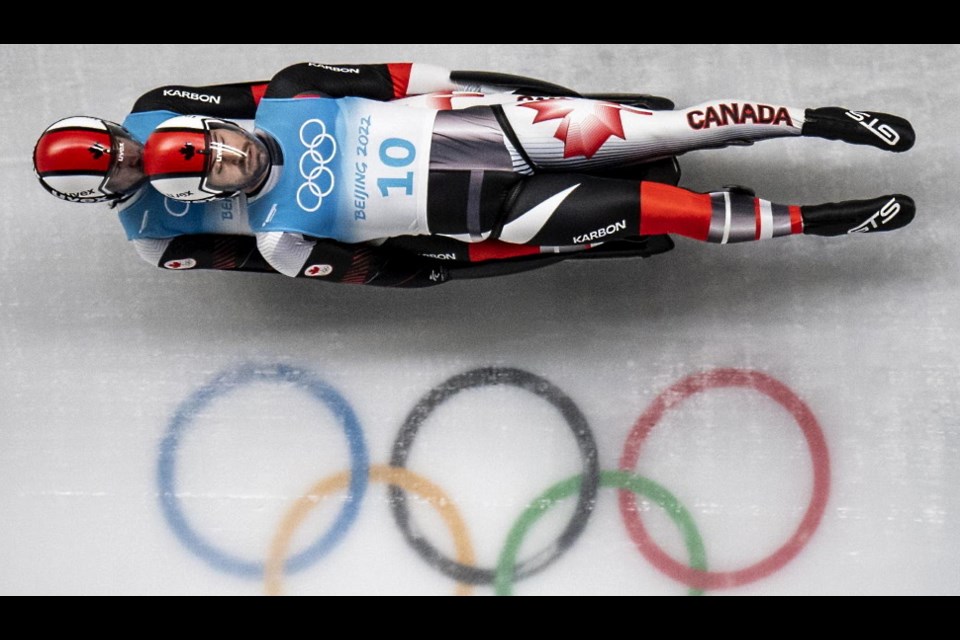 Cochrane's own Tristan Walker, front, and Justin Snith, back, set a start record in men's luge doubles at the Yanqing National Sliding Centre during the 2022 Bejing Olympics. (Photo/Luge Canada)