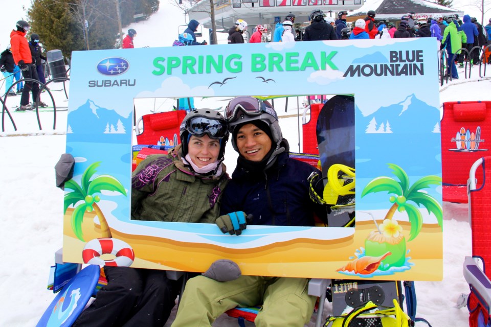 Kylie and Thaddeus Maharaj of Mississauga visit the Subaru booth at Blue Mountain Ski Resort Saturday. Gisele  Winton Sarvis /CollingwoodToday