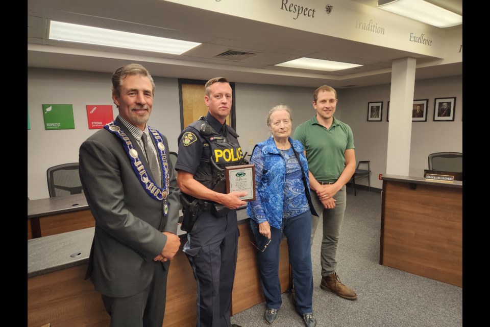From left: Grey Highlands Mayor Paul McQueen, Constable and Grey Highlands 2022 Officer of the Year Craig O’Neill, Grey Highlands Police Services Board Chair Lynn Silverton and coun. and Police Services Board member Joel Loughead.